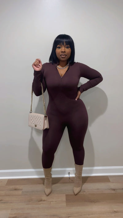 Zip Fitted Jumpsuit (Brown)