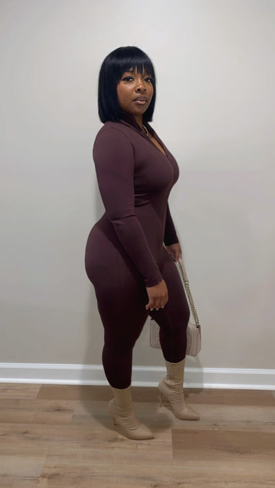 Zip Fitted Jumpsuit (Brown)