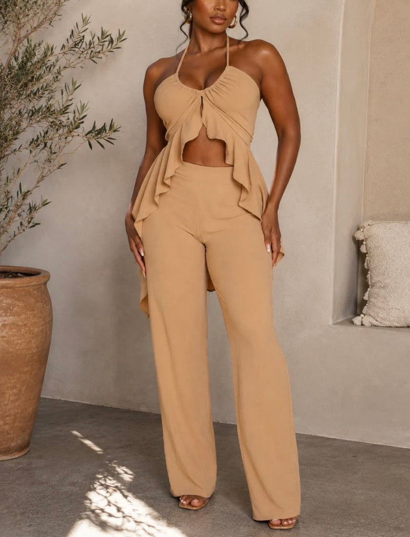 Halter Ruffled Set (Tan)